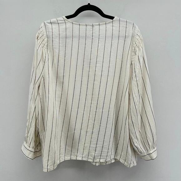 Old Navy Metallic-Stripe Smocked-Shoulder Top in Cream/Black/Gold - Picture 3 of 7